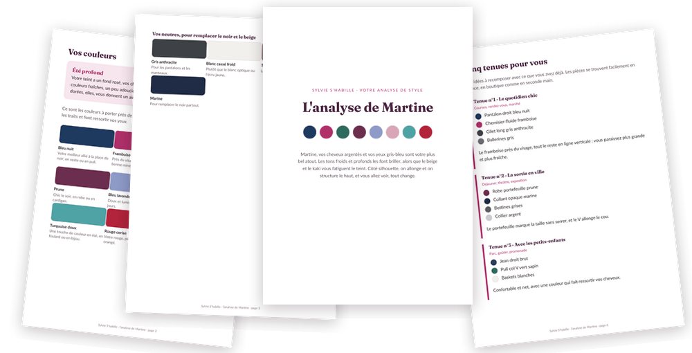 Les pages d'une analyse : vos couleurs, la couverture à votre prénom, vos tenues